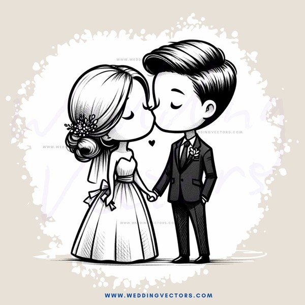 kissing couple in wedding gown and suit