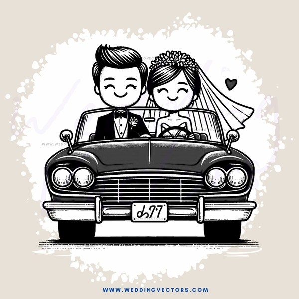 a black and white caricature of a bride and groom in a vintage car