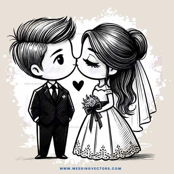 a couple's kiss and wedding bouquet