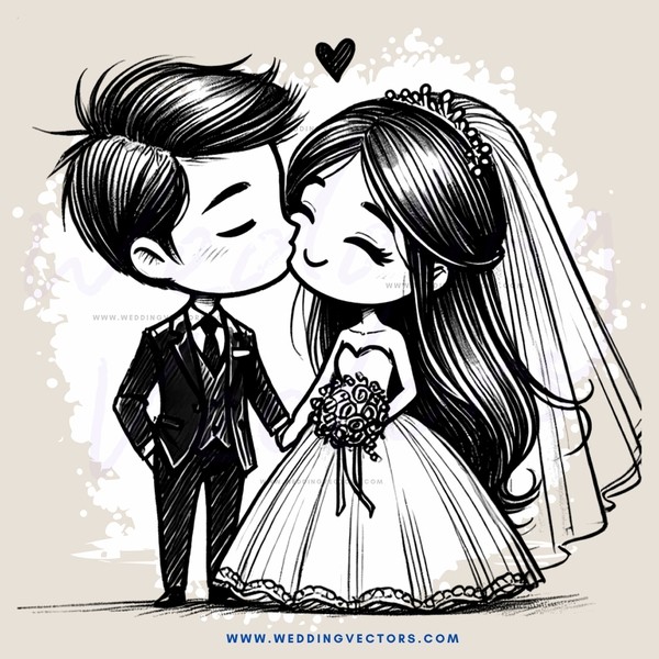 wedding kissing couple in black and white illustration