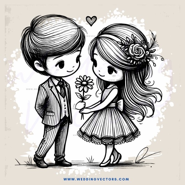 a boy and girl holding hands with flowers