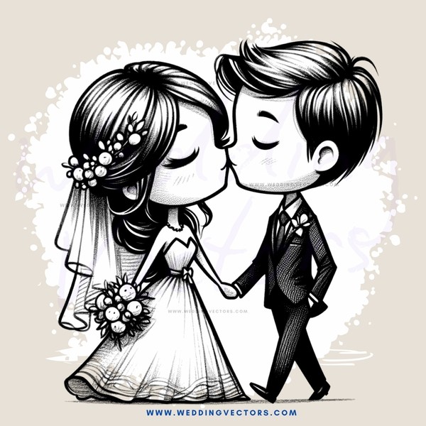 wedding kissing couple in cartoon style illustration (black and white)