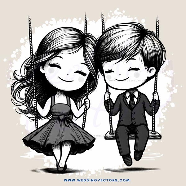 cartoon love story - two people in swing sitting down