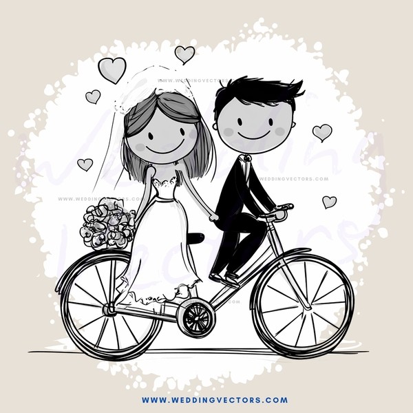 a bride and groom on a bike, surrounded by hearts