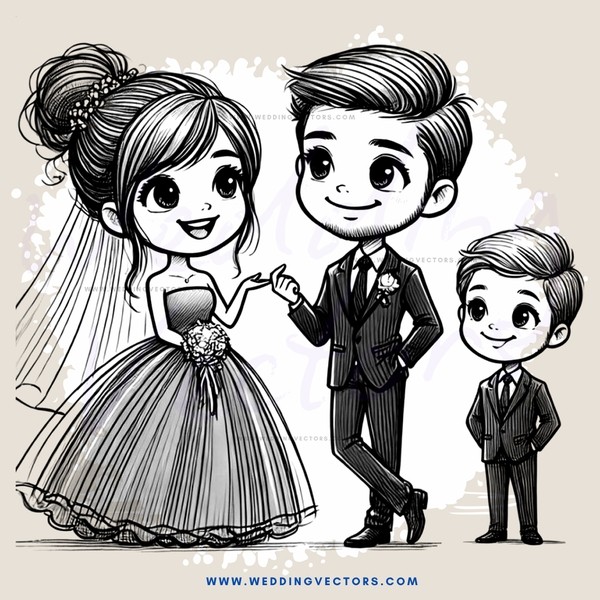 a family portrait with bride, groom and kid