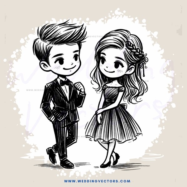 a young couple smiling at each other in a suit and dress