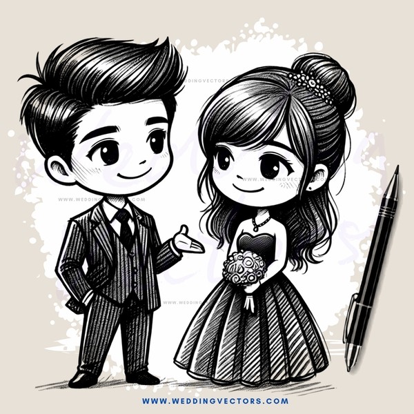 cartoon picture of boy and girl happily dressed up for a wedding