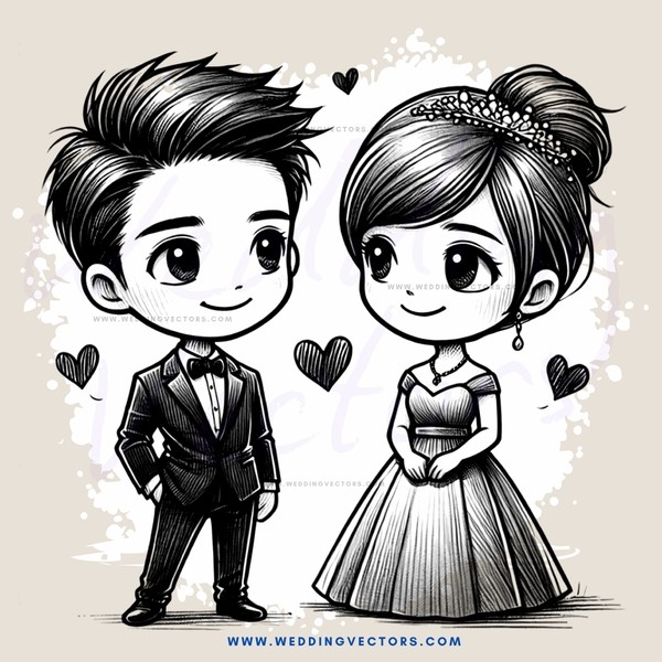 cartoon man and woman facing each other with hearts above them