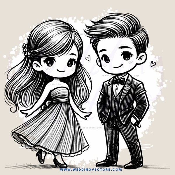 couple's poses in black and white illustration