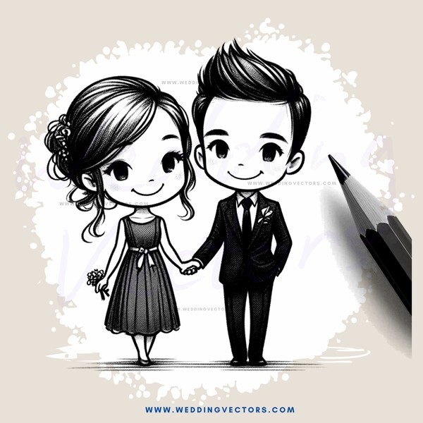 couple holding hands and smiling with pencil in front of them