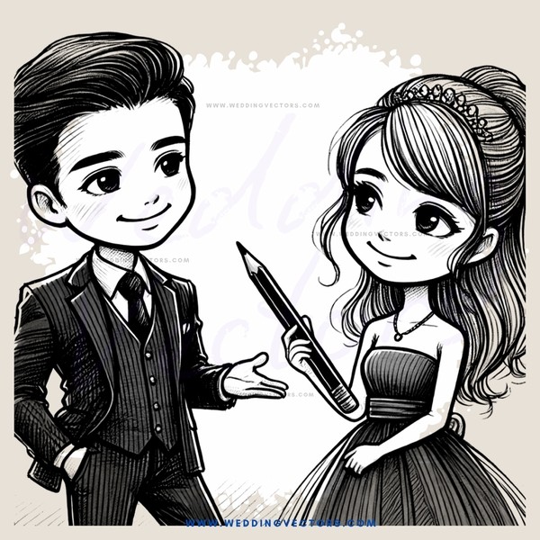 boy and girl with pencil drawing in black and white cartoon