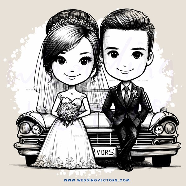 a caricature of a bride and groom in wedding attire posing beside their car