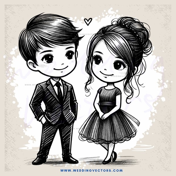 boy and girl cartoon in black and white
