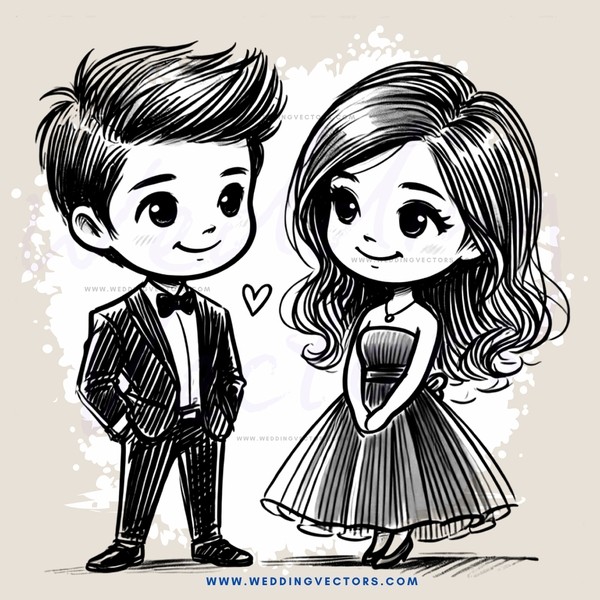 young couple embracing in black and white cartoon drawing