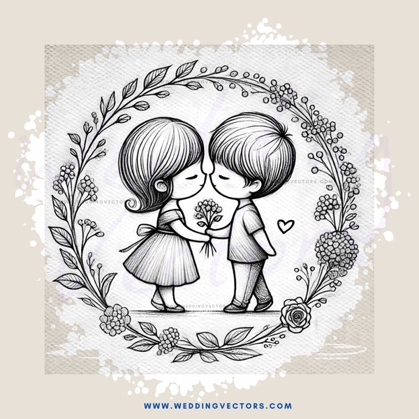 little boy & girl kissing with flowers