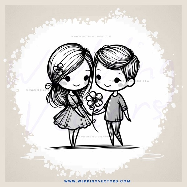 cartoon couple holding flower