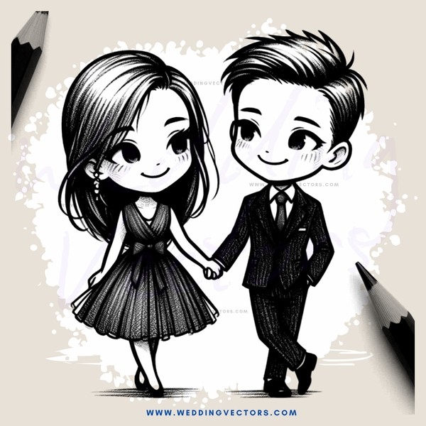 couple holding hands in black and white drawing