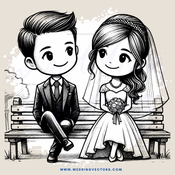a newlywed couple sitting on a bench