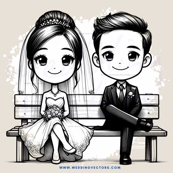 a bride and groom sitting on a bench