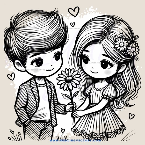 cartoon couple holding flower and daisy