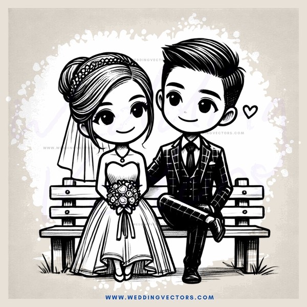 wedding bride and groom seated on bench