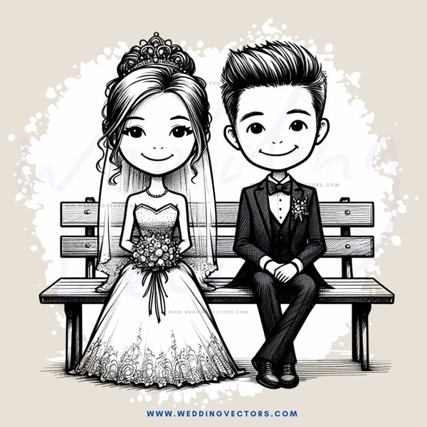 a bride and groom sitting on a bench