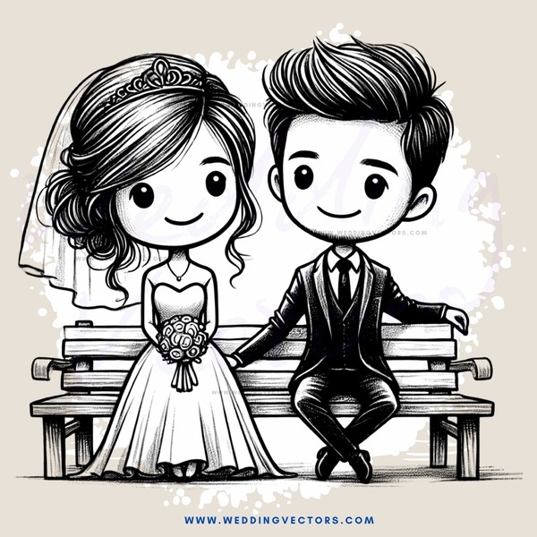 a bride and groom sitting on a bench together