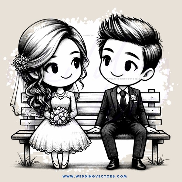 bride and groom sitting on bench
