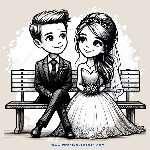 a bride and groom on a bench