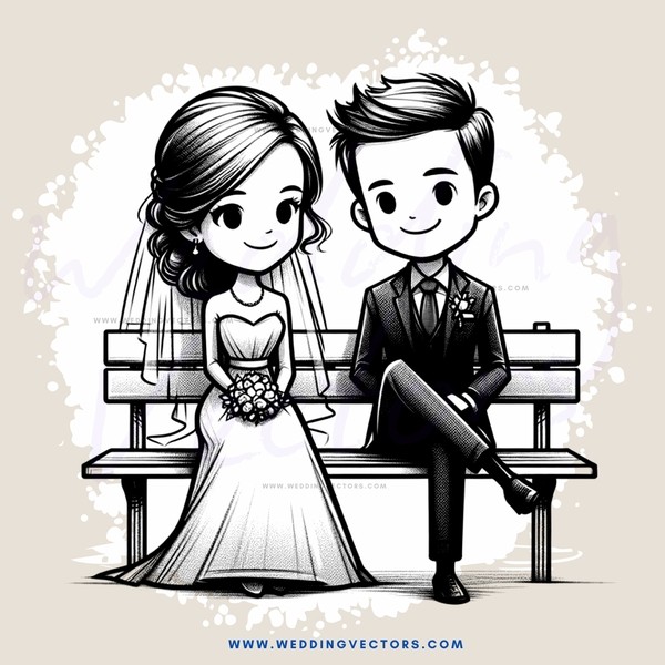a bride and groom sitting on a bench together