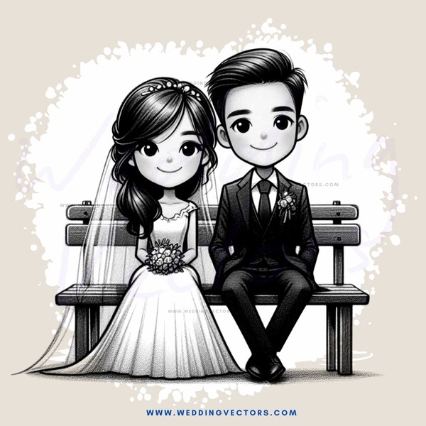 a cartoon illustration of a bride and groom on a bench