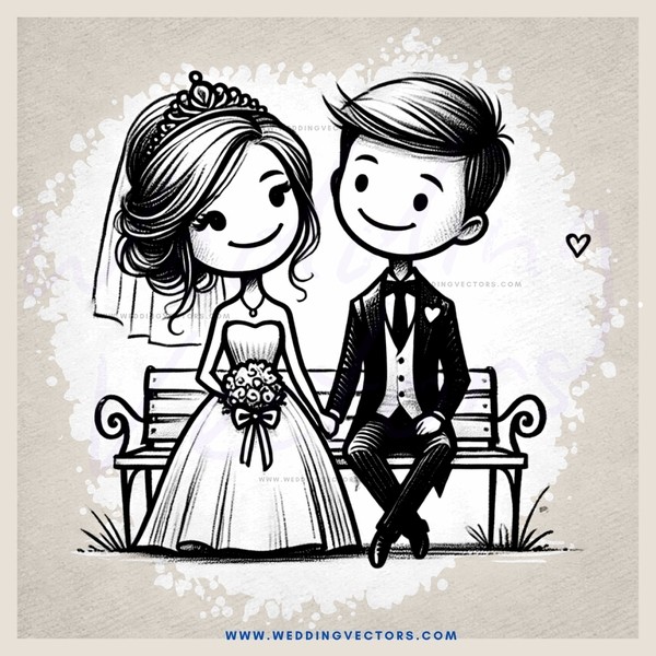 a newlywed couple sitting on a bench