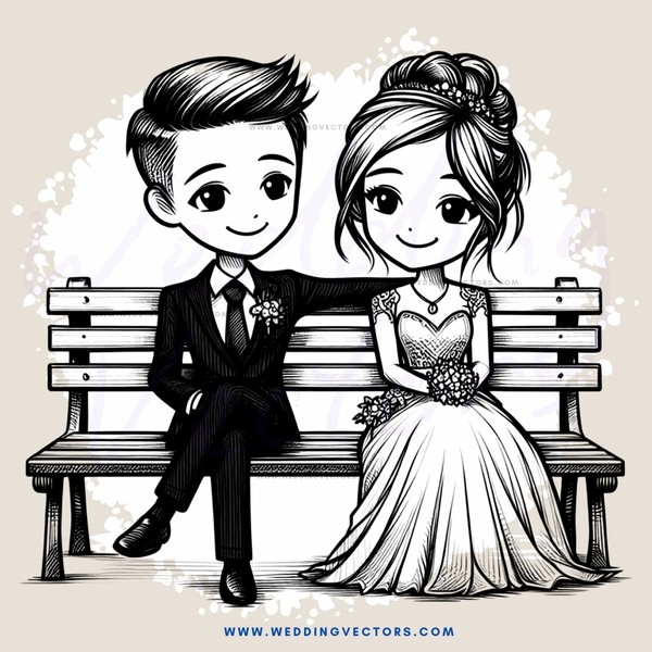 couple sitting together on bench in black and white cartoon style image