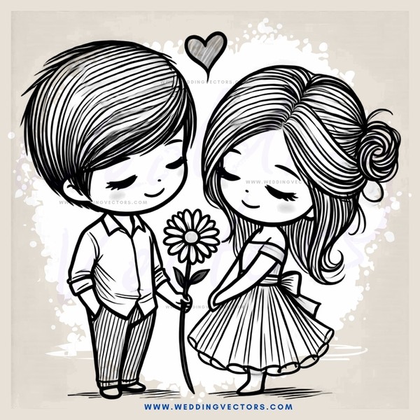 cartoon boy and girl holding flower