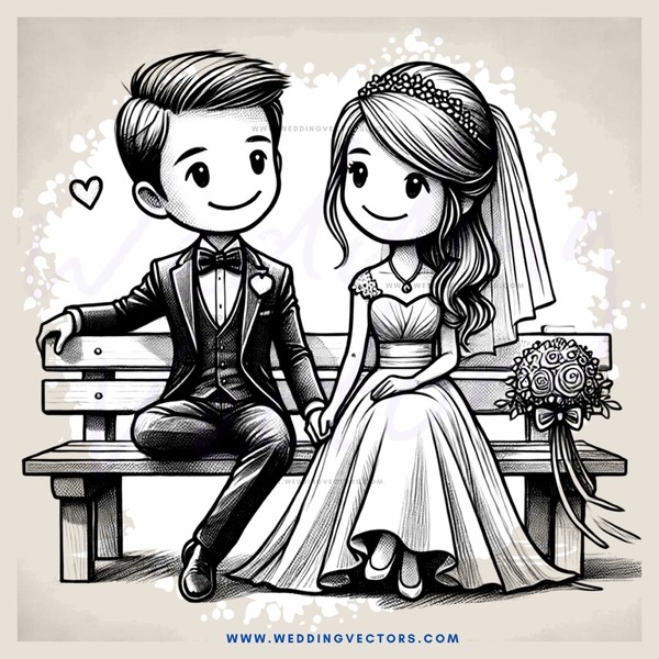 a bride and groom sitting on a bench