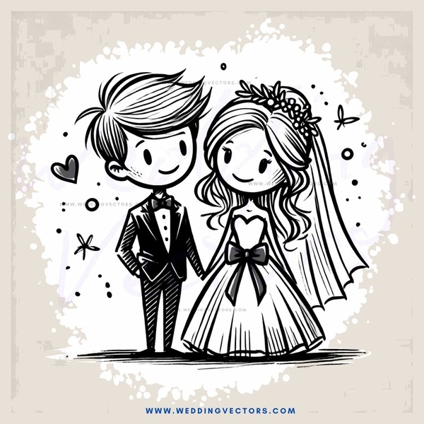 a bride and groom in wedding attire