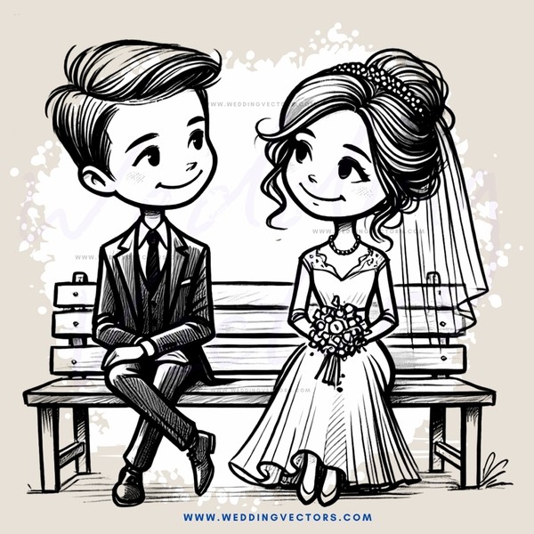a bride and groom on a bench