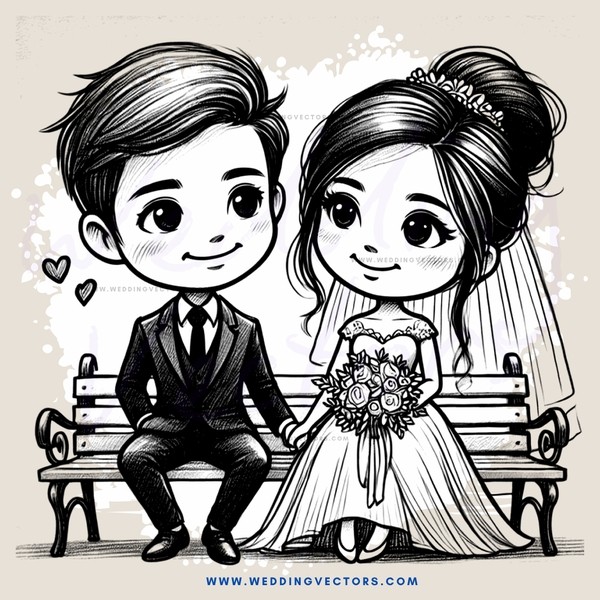 a couple sitting on a bench with flowers in the wedding dress