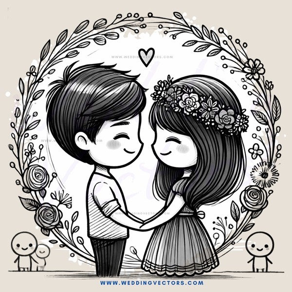 a boy and girl standing inside a heart shaped flower circle