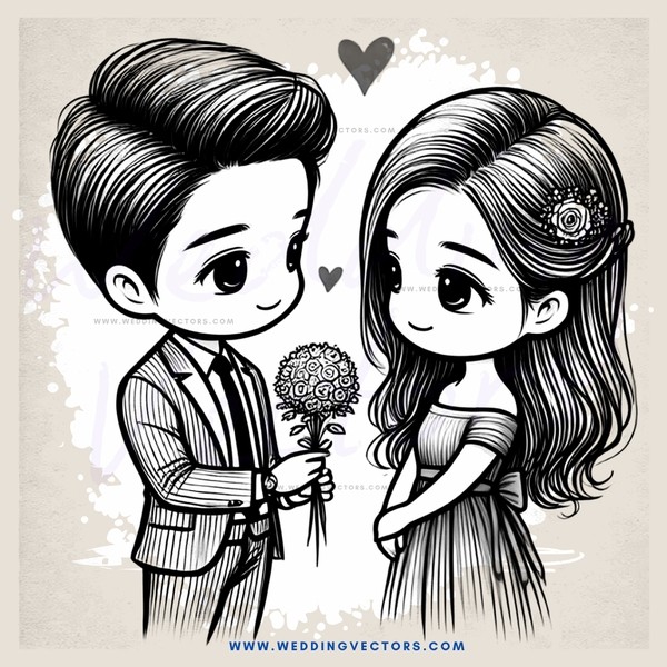 a couple holding flowers and hearts