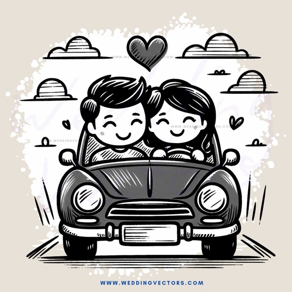 a couple in a car with clouds above them
