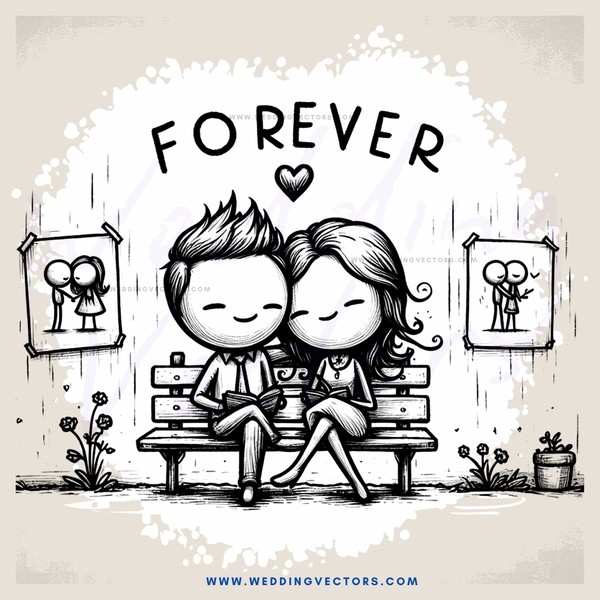 couple sitting on bench with "forever" above them