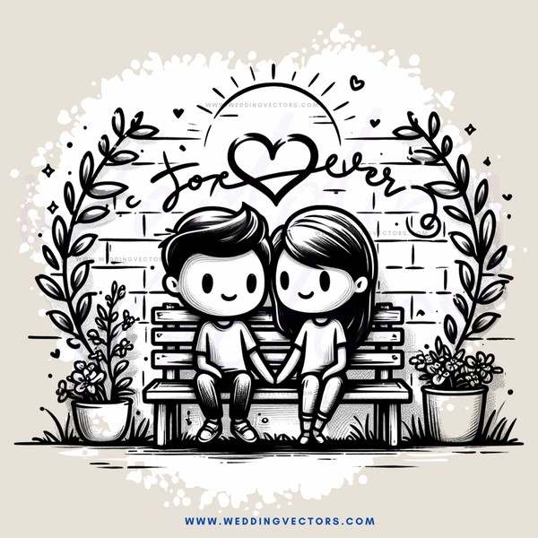 two people on a bench with love words in brick wall and plants around them