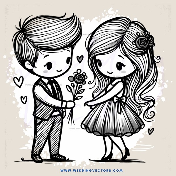a couple holding flowers and love hearts