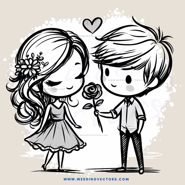 a boy and girl standing together holding a rose