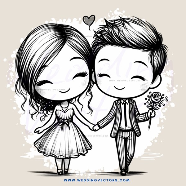 a couple walking hand in hand with hearts and flowers