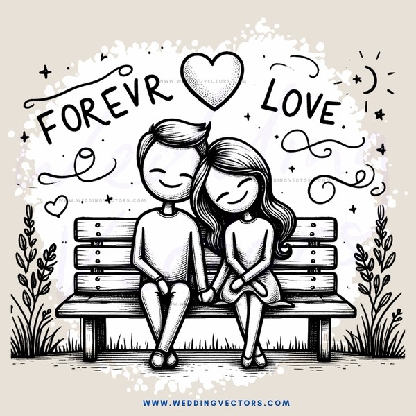 two people sitting on a bench with love and everlasting love written above them