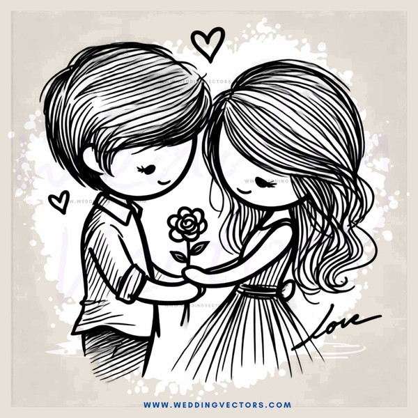 a boy and girl hug with a flower