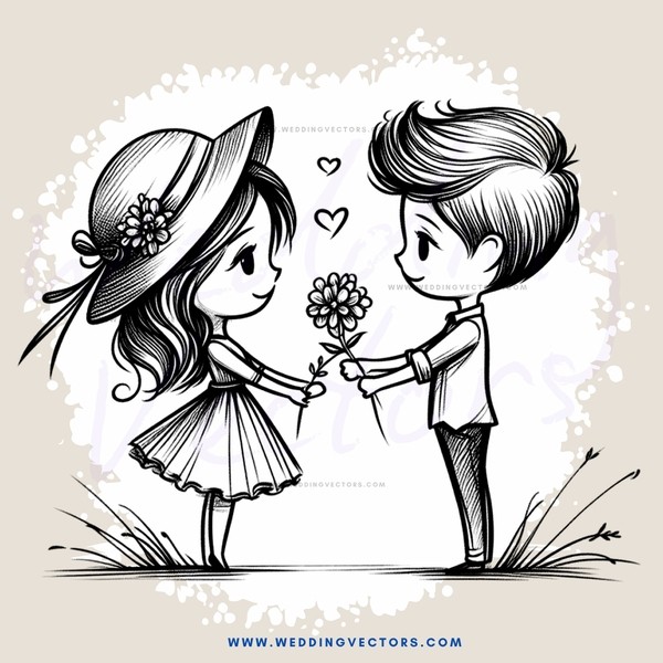 couple standing in grass holding flower