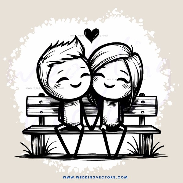 a boy and girl sitting on a bench with hearts above them